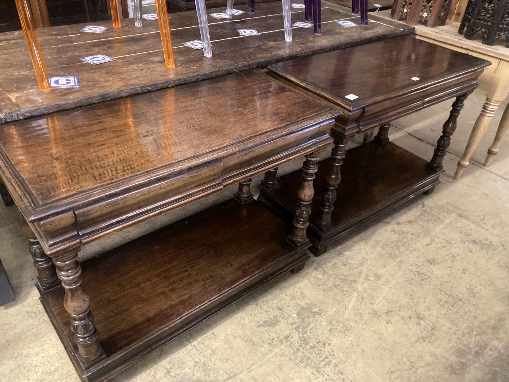 A pair of 17th century style rectangular oak two tier two drawer side tables, width 99cm, depth 46cm, height 76cm